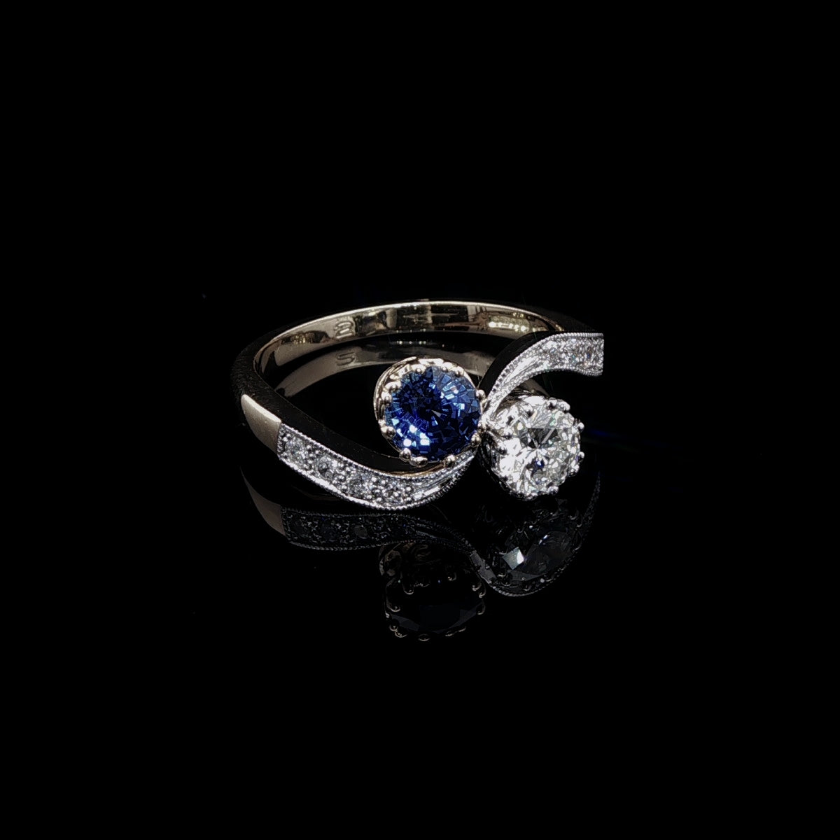 18ct Yellow Gold and Platinum 0.43ct Diamond and 0.64ct Sapphire Crossover Ring