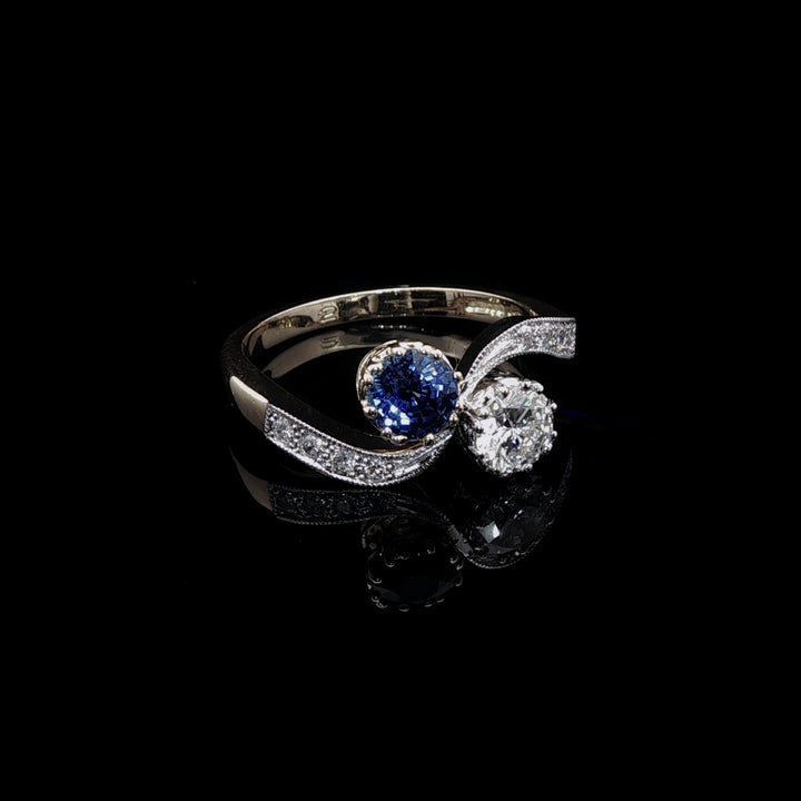 18ct Yellow Gold and Platinum 0.43ct Diamond and 0.64ct Sapphire Crossover Ring