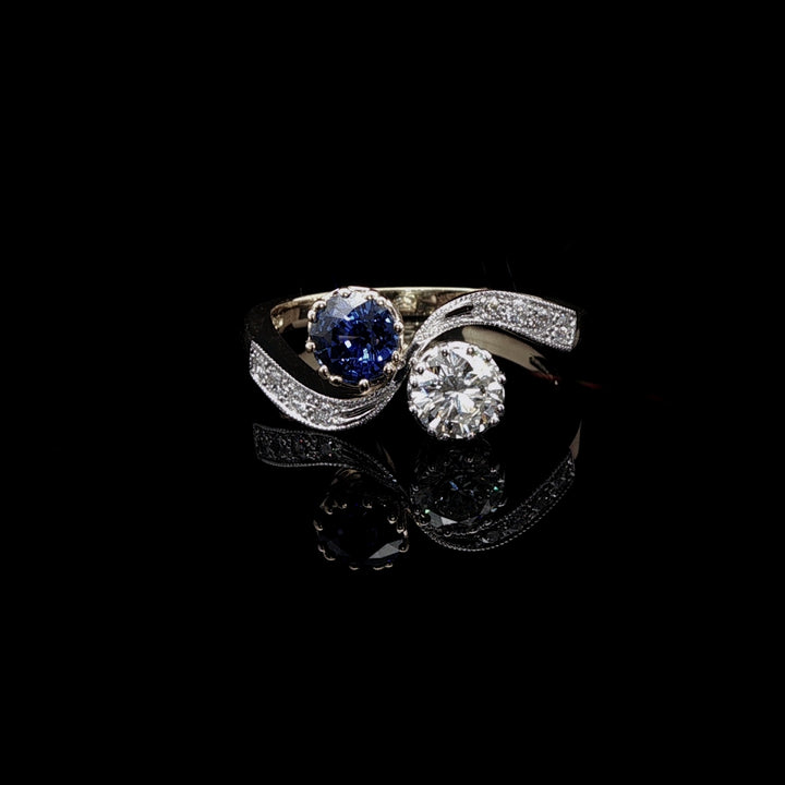 18ct Yellow Gold and Platinum 0.43ct Diamond and 0.64ct Sapphire Crossover Ring