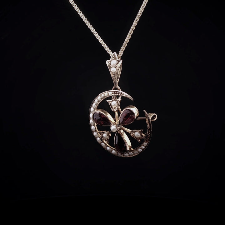 Vintage 9ct Yellow Gold Garnet and Pearl Crescent Moon Pendant / Brooch