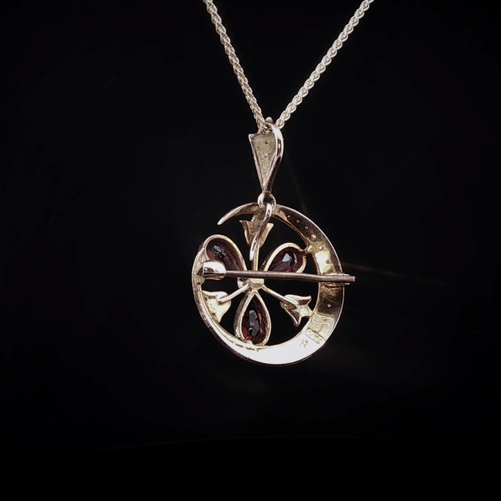 Vintage 9ct Yellow Gold Garnet and Pearl Crescent Moon Pendant / Brooch