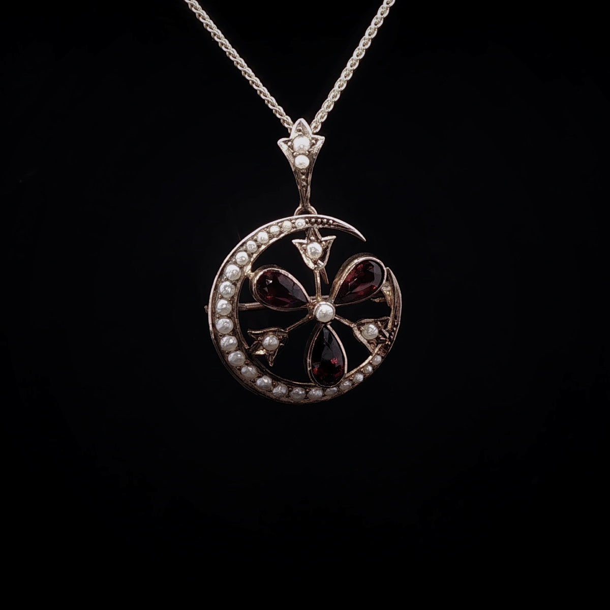 Vintage 9ct Yellow Gold Garnet and Pearl Crescent Moon Pendant / Brooch