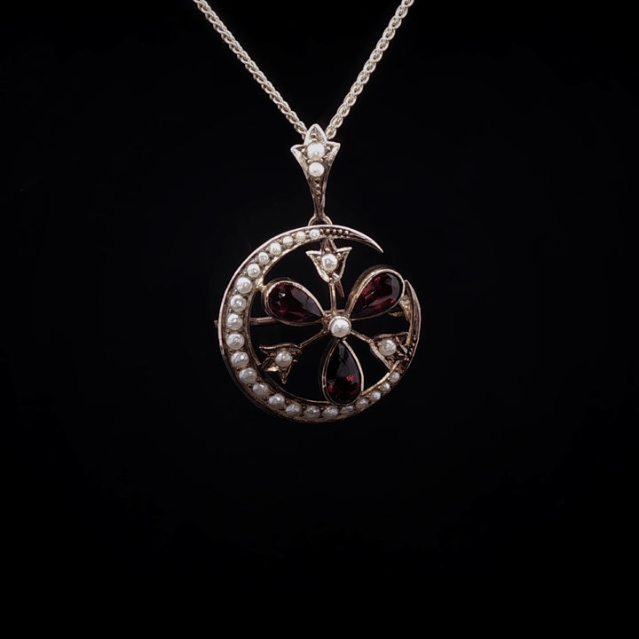 Vintage 9ct Yellow Gold Garnet and Pearl Crescent Moon Pendant / Brooch