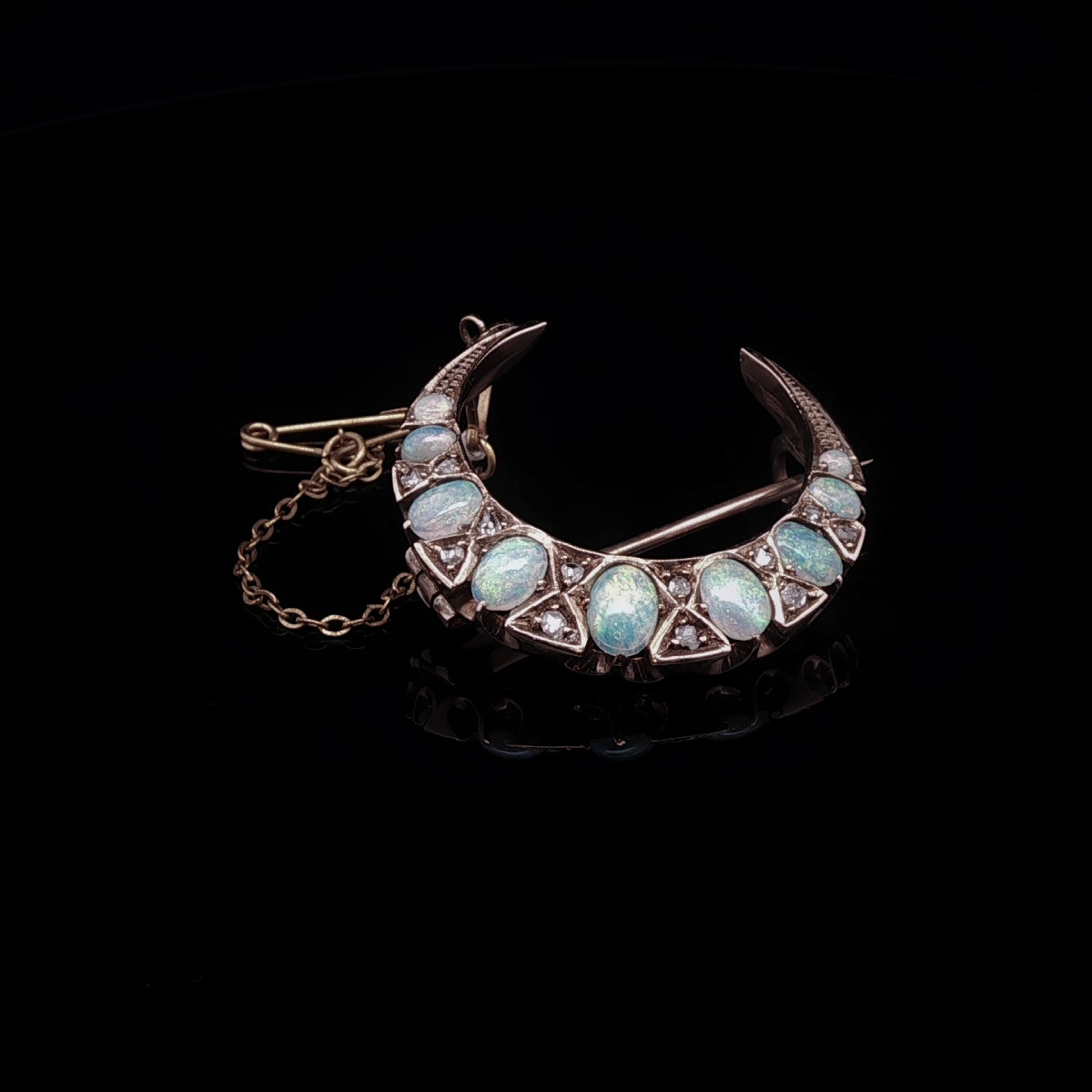 Antique 9ct Gold Opal and Diamond Crescent Brooch