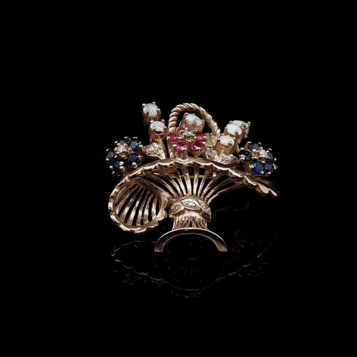 18ct Gold Opal, Sapphire, Ruby and Diamond Floral Basket Brooch, London 1991