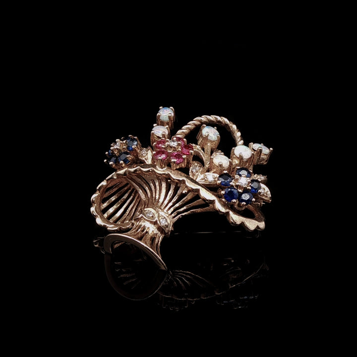 18ct Gold Opal, Sapphire, Ruby and Diamond Floral Basket Brooch, London 1991