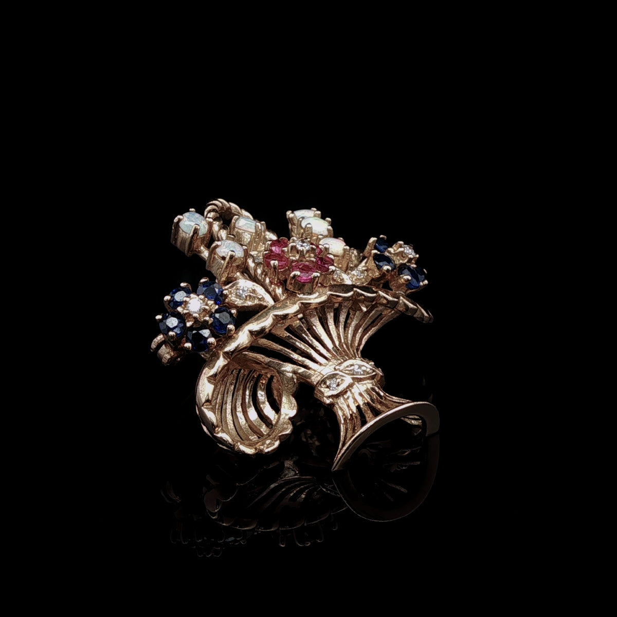 18ct Gold Opal, Sapphire, Ruby and Diamond Floral Basket Brooch, London 1991