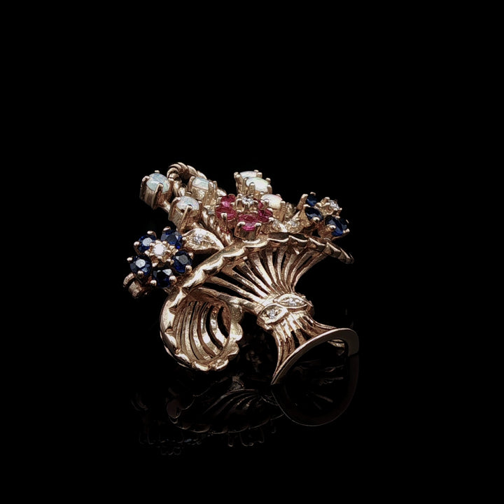18ct Gold Opal, Sapphire, Ruby and Diamond Floral Basket Brooch, London 1991