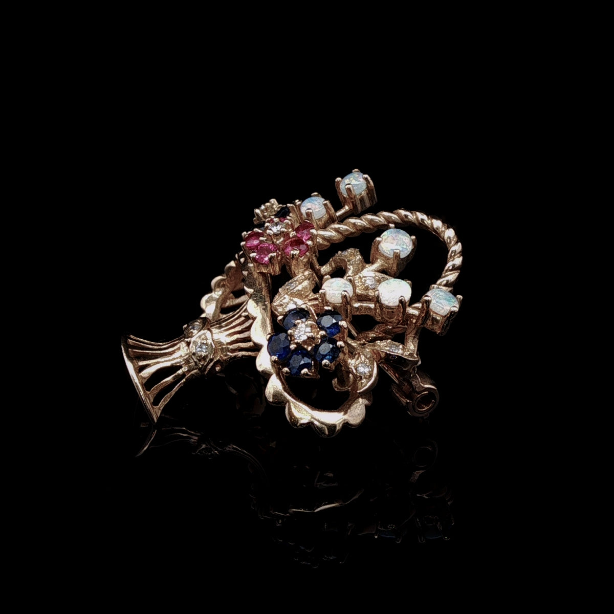 18ct Gold Opal, Sapphire, Ruby and Diamond Floral Basket Brooch, London 1991