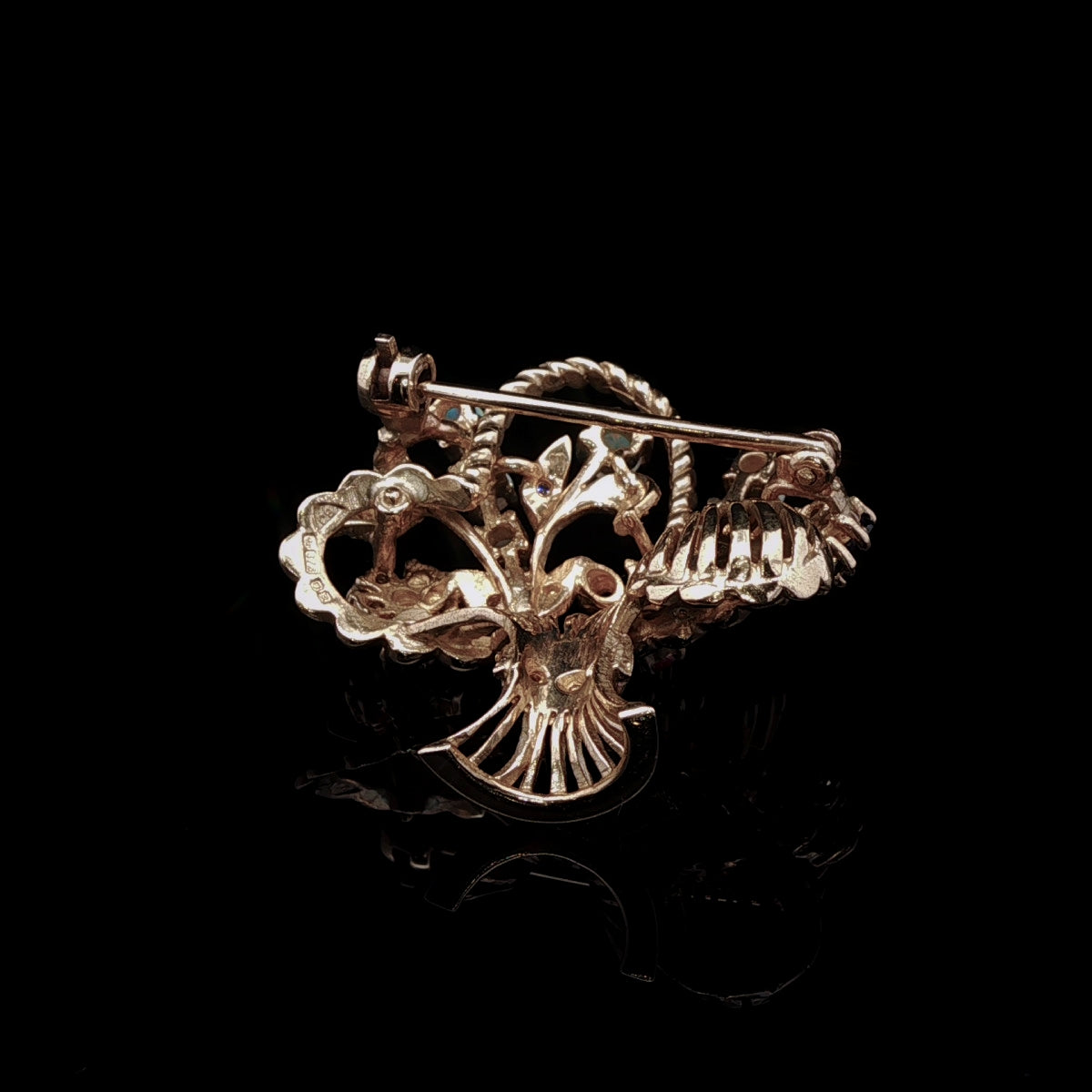 18ct Gold Opal, Sapphire, Ruby and Diamond Floral Basket Brooch, London 1991