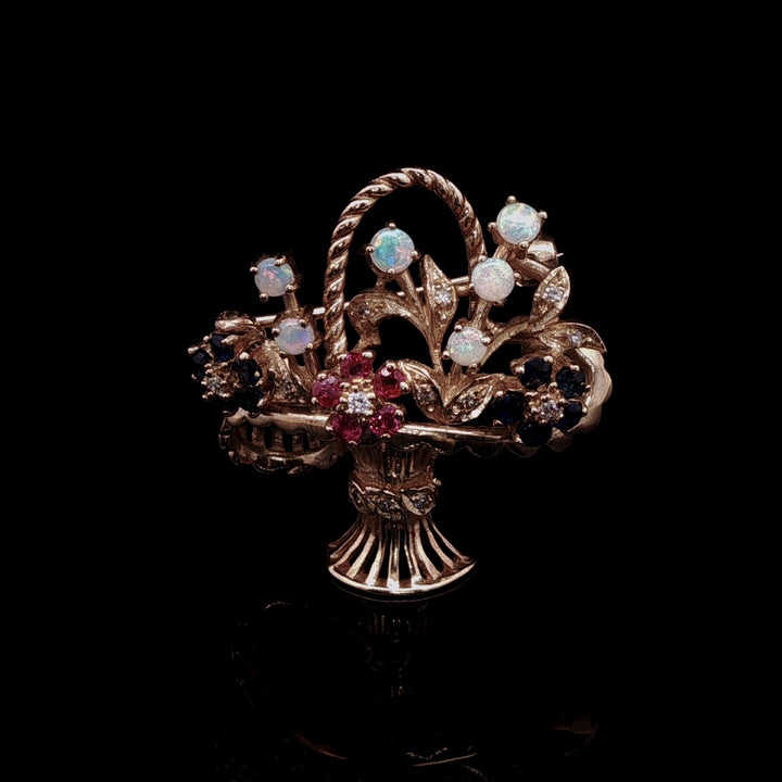 18ct Gold Opal, Sapphire, Ruby and Diamond Floral Basket Brooch, London 1991