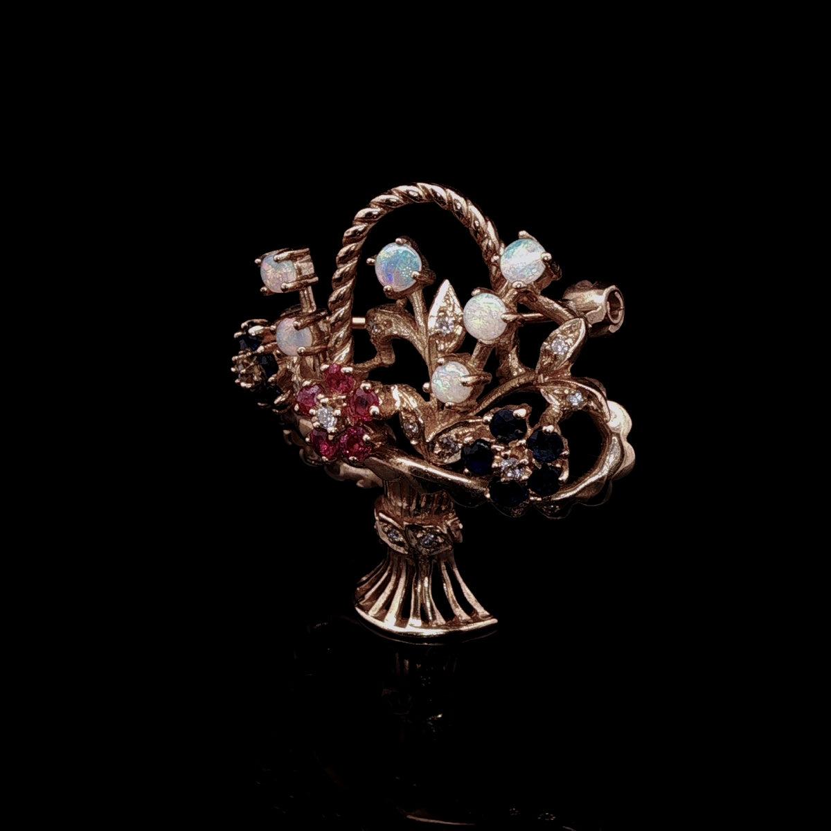 18ct Gold Opal, Sapphire, Ruby and Diamond Floral Basket Brooch, London 1991