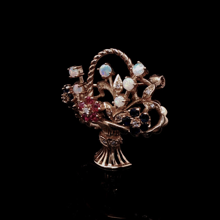 18ct Gold Opal, Sapphire, Ruby and Diamond Floral Basket Brooch, London 1991