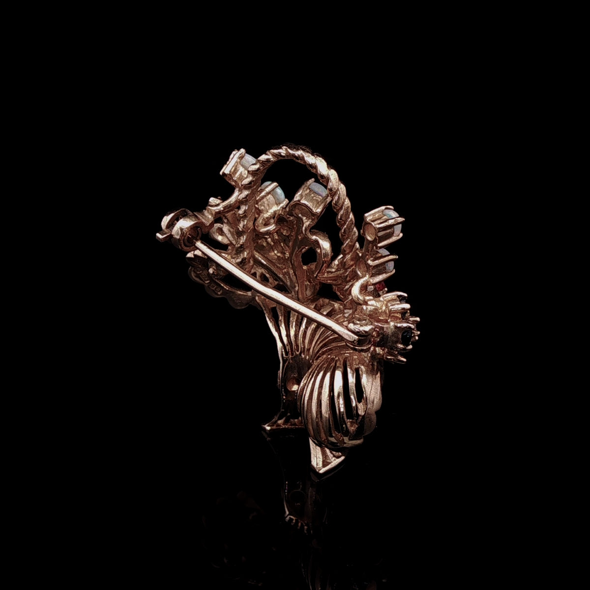 18ct Gold Opal, Sapphire, Ruby and Diamond Floral Basket Brooch, London 1991