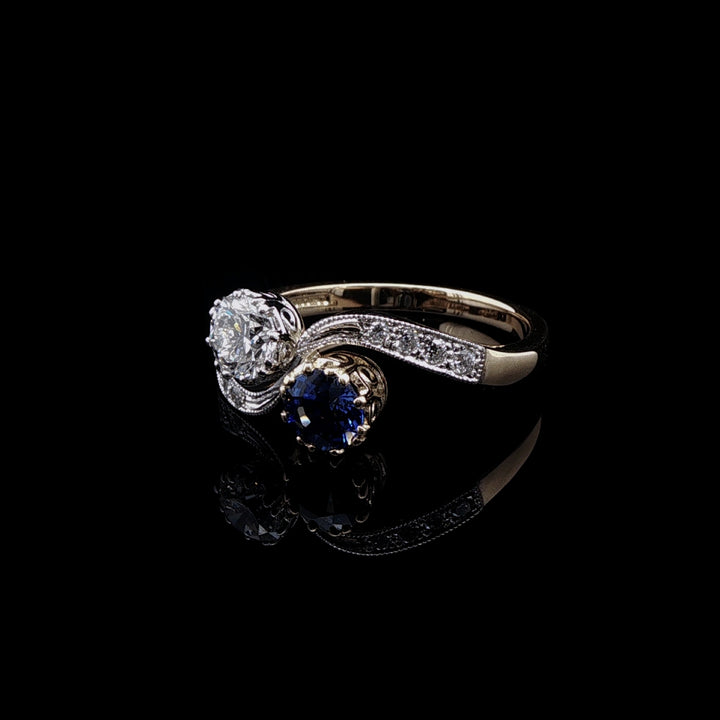 18ct Gold and Platinum 0.58ct Sapphire and 0.50ct Diamond Toi et Moi Crossover Ring