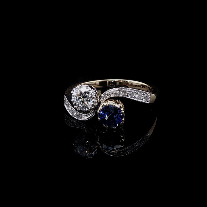18ct Gold and Platinum 0.58ct Sapphire and 0.50ct Diamond Toi et Moi Crossover Ring