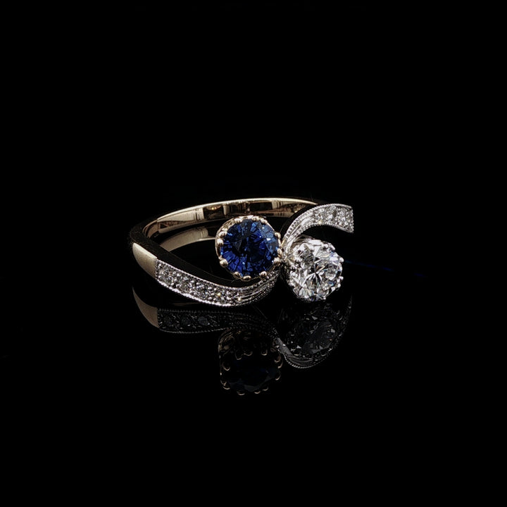 18ct Gold and Platinum 0.58ct Sapphire and 0.50ct Diamond Toi et Moi Crossover Ring