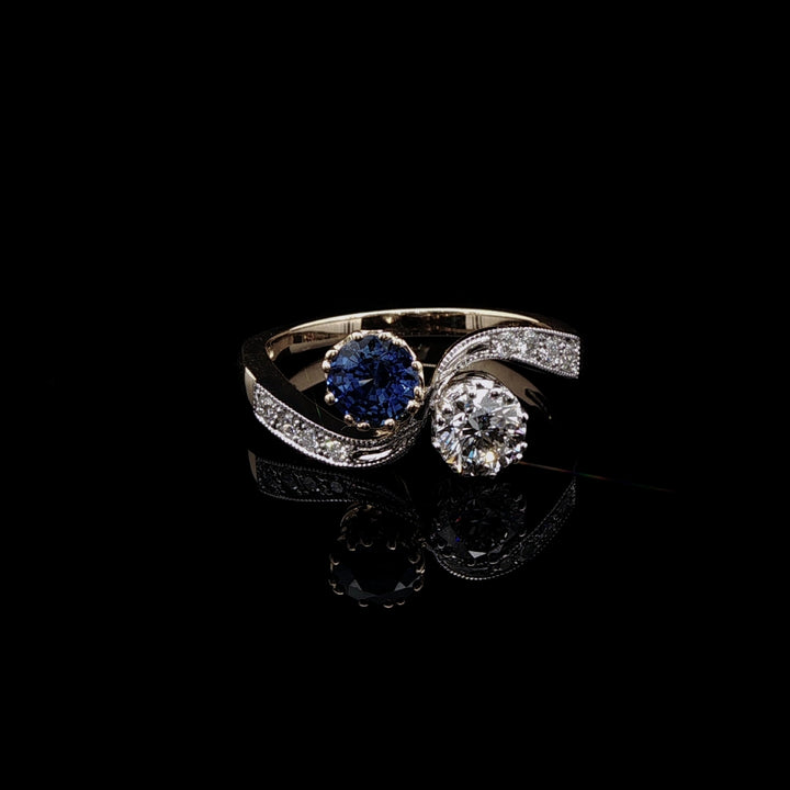 18ct Gold and Platinum 0.58ct Sapphire and 0.50ct Diamond Toi et Moi Crossover Ring
