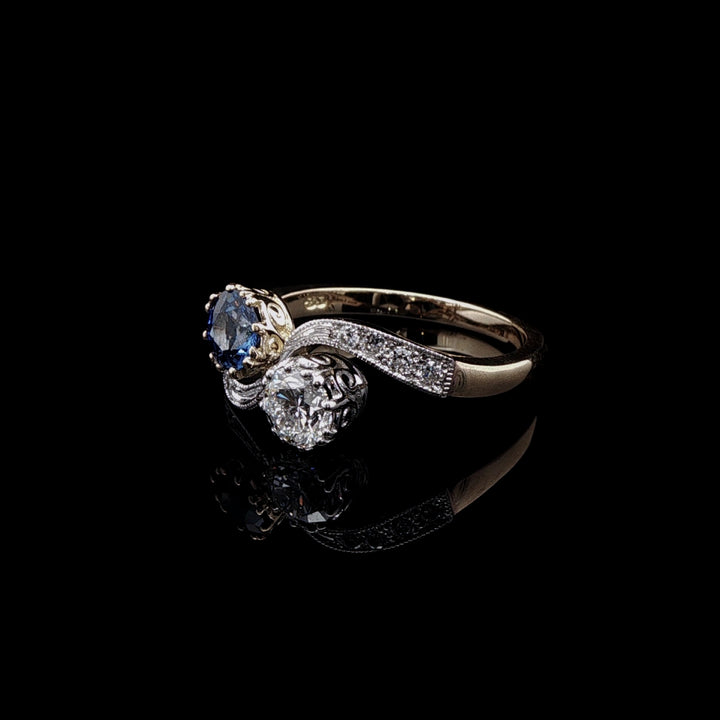 18ct Gold and Platinum 0.58ct Sapphire and 0.50ct Diamond Toi et Moi Crossover Ring