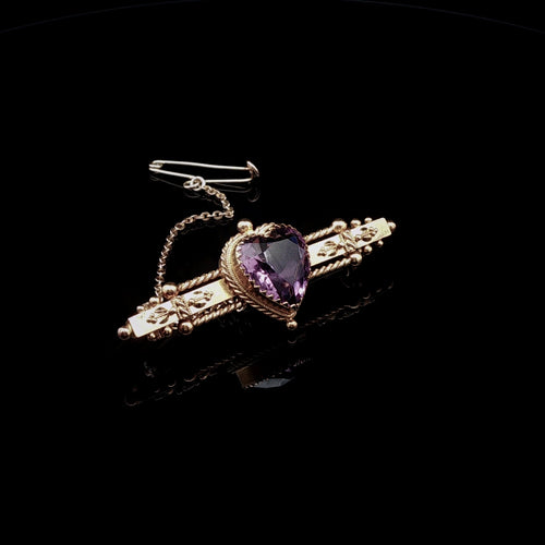 15ct Yellow Gold Heart-Shaped Amethyst Antique Brooch, Circa 1900