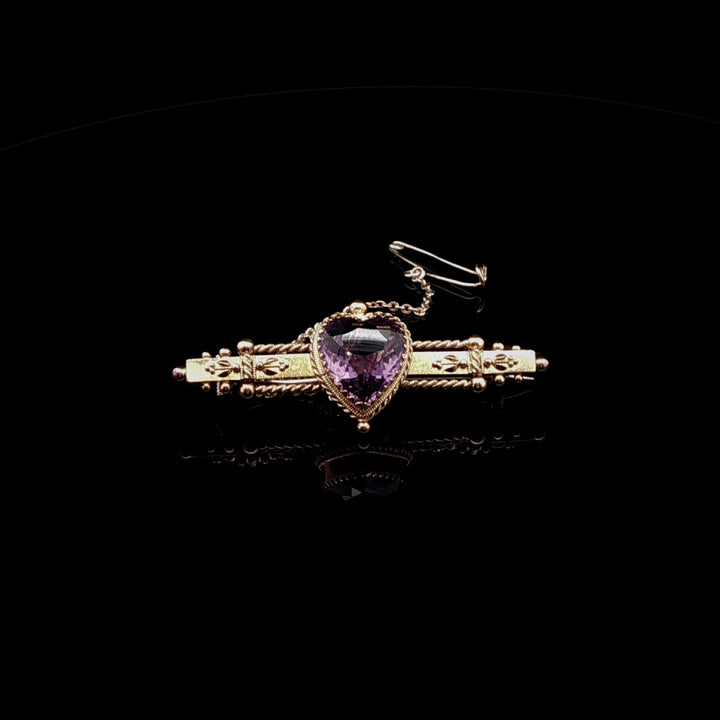 15ct Yellow Gold Heart-Shaped Amethyst Antique Brooch, Circa 1900