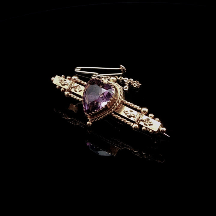 15ct Yellow Gold Heart-Shaped Amethyst Antique Brooch, Circa 1900