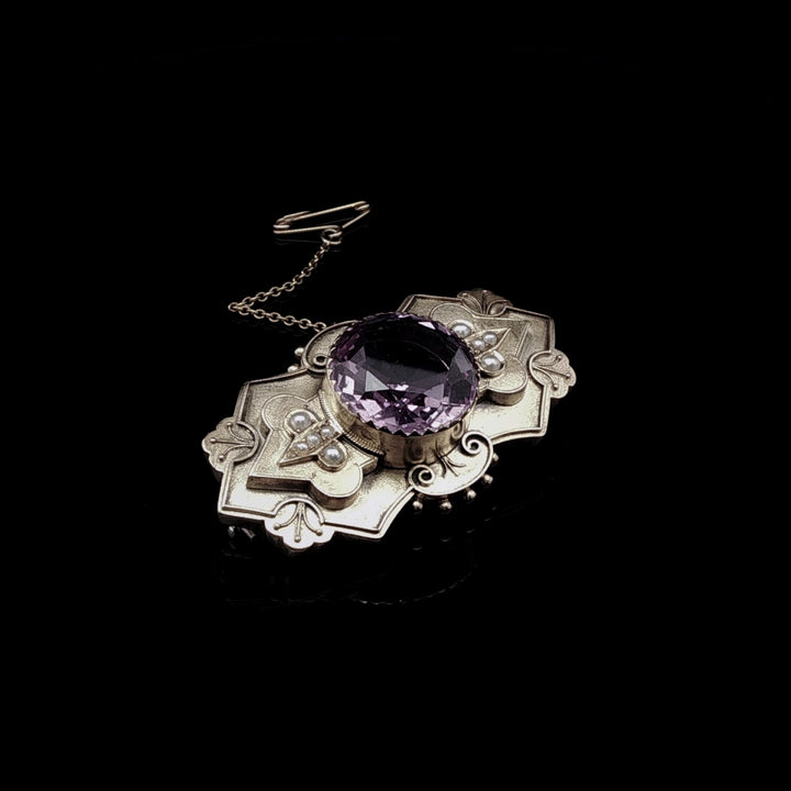 Victorian 9ct Yellow Gold Amethyst and Seed Pearl Brooch, Circa 1870