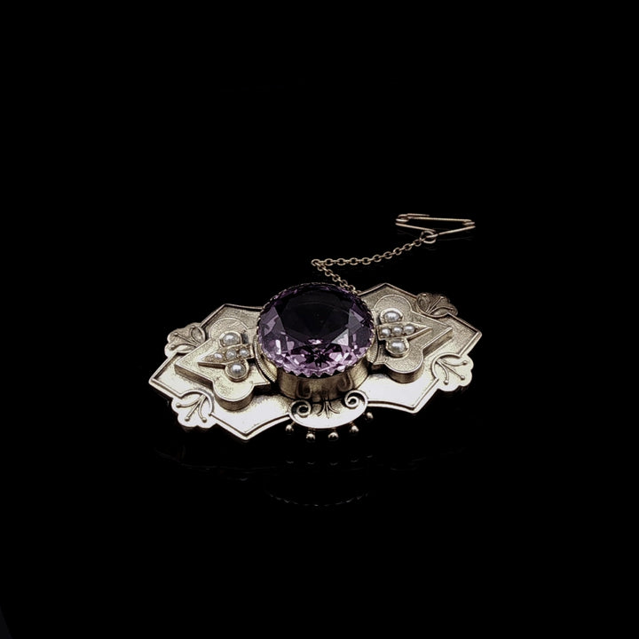 Victorian 9ct Yellow Gold Amethyst and Seed Pearl Brooch, Circa 1870