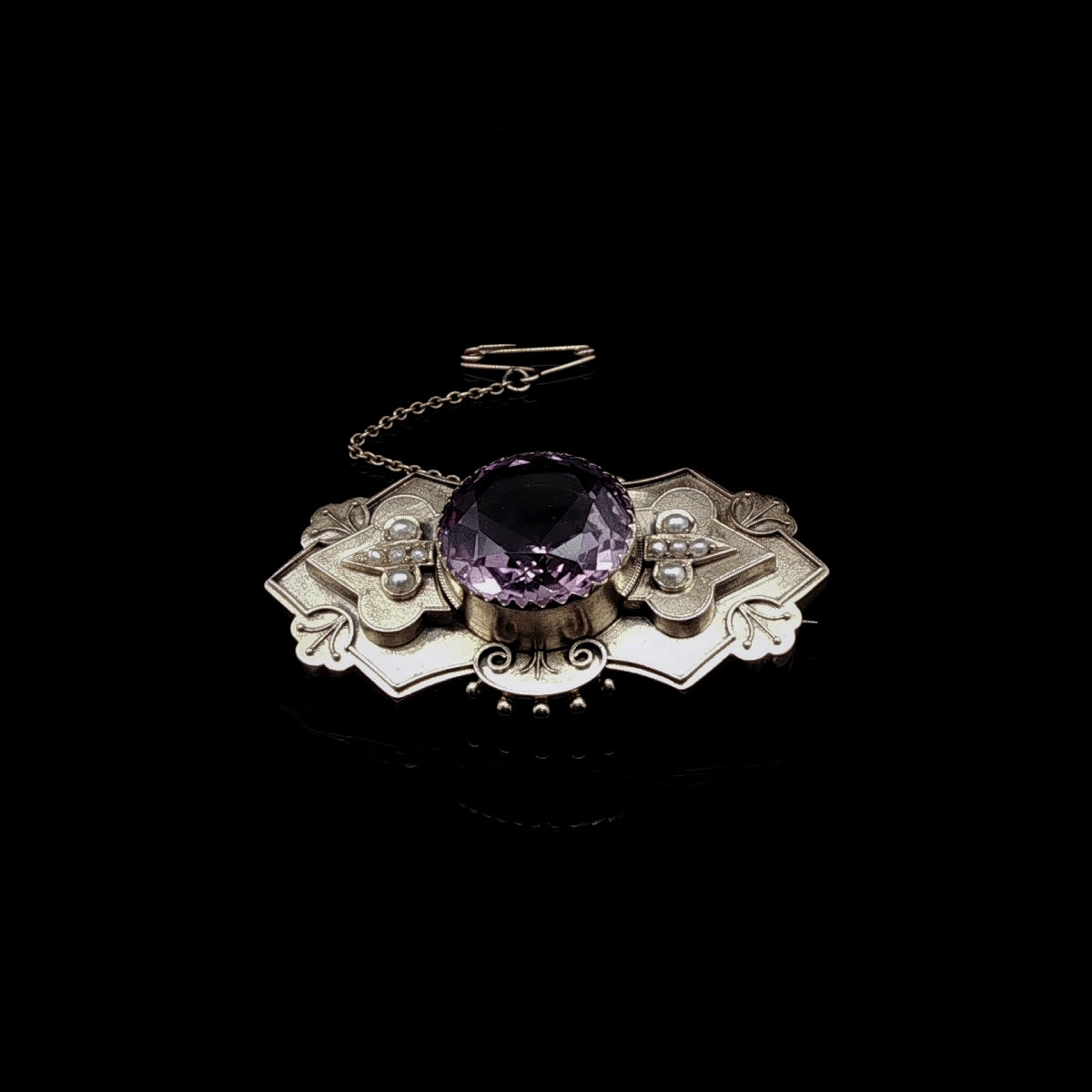 Victorian 9ct Yellow Gold Amethyst and Seed Pearl Brooch, Circa 1870