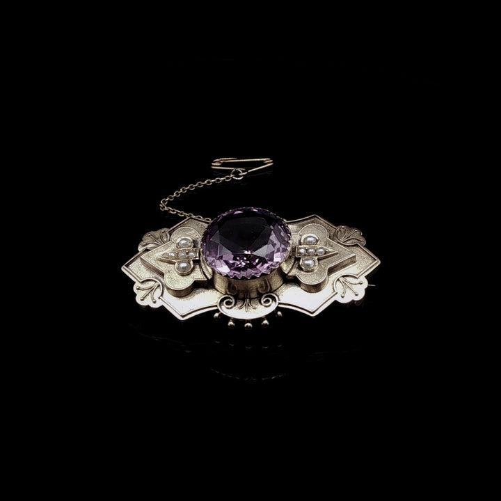 Victorian 9ct Yellow Gold Amethyst and Seed Pearl Brooch, Circa 1870