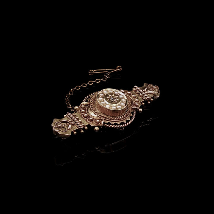 Antique 15ct Yellow Gold Etruscan Pearl and Diamond Starburst Brooch, Chester 1916