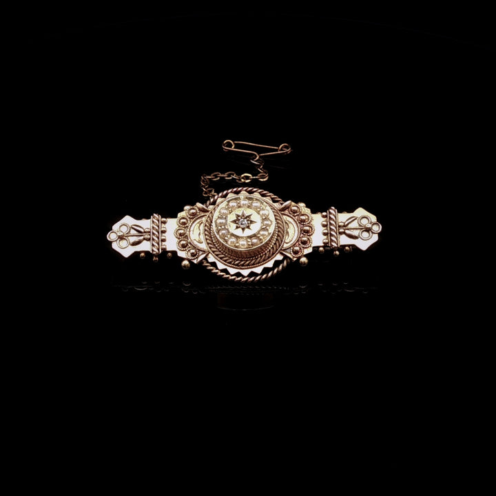 Antique 15ct Yellow Gold Etruscan Pearl and Diamond Starburst Brooch, Chester 1916