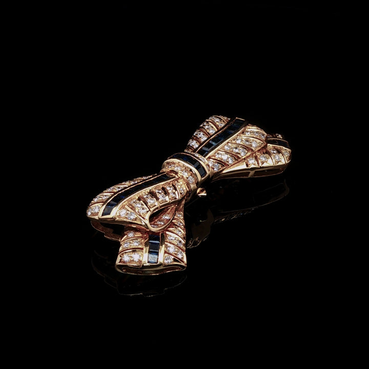 18ct Gold Diamond and Sapphire Bow Brooch/ Pendant, Circa 1990