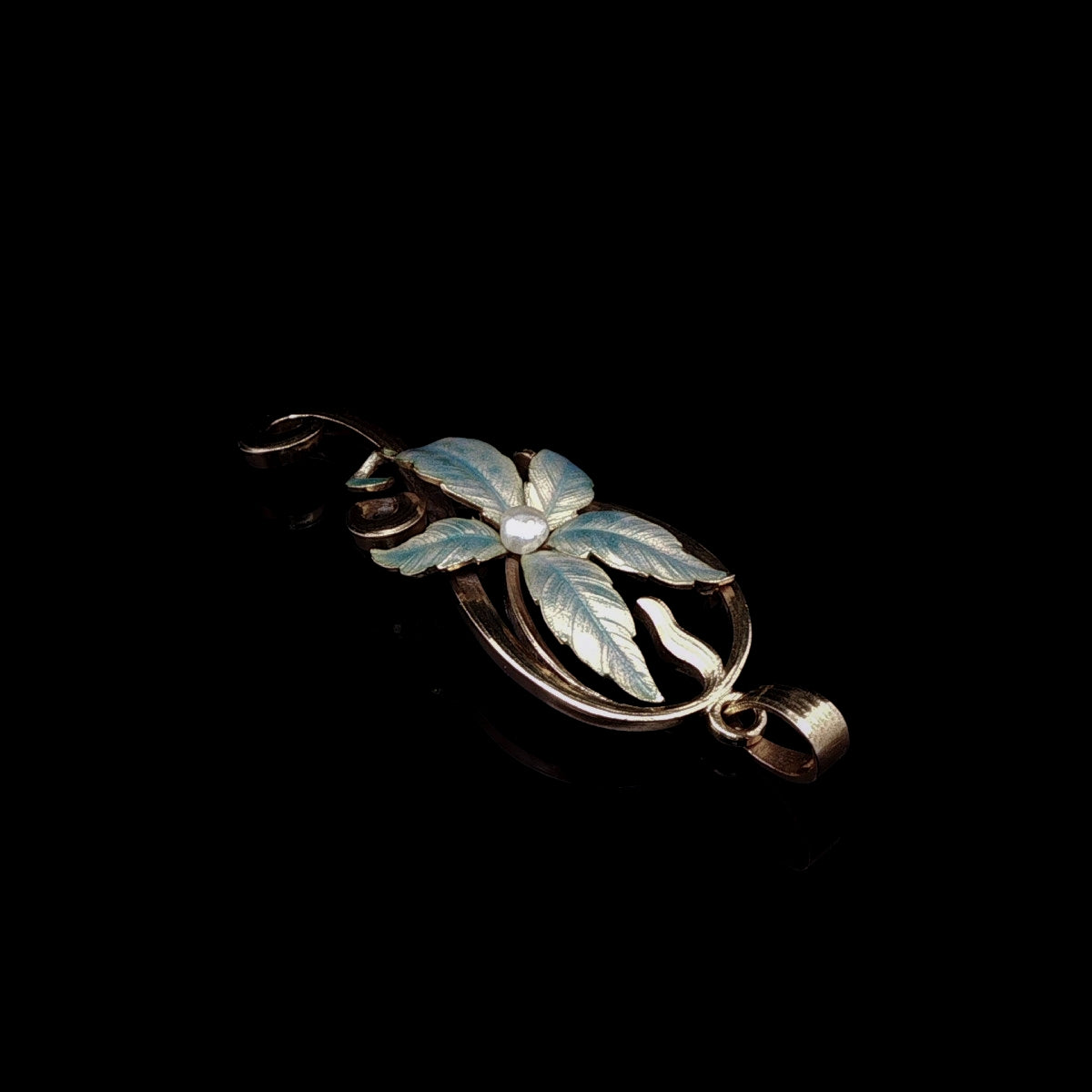 Edwardian Art Nouveau 15ct Gold Pearl and Blue Enamel Floral Pendant, Circa 1910