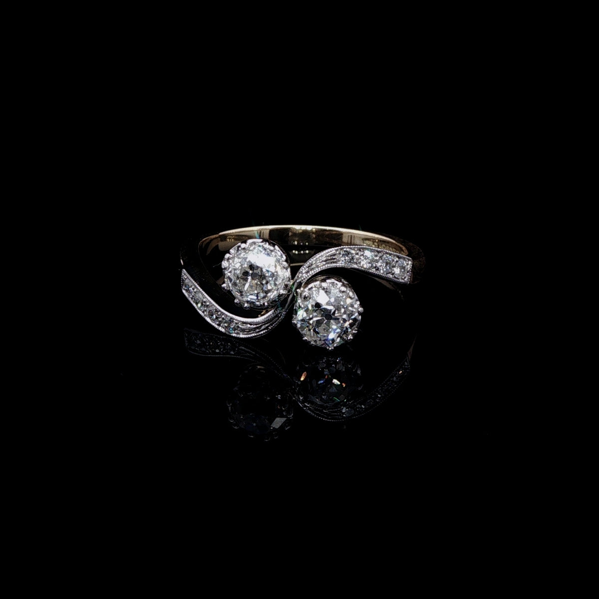 18ct Gold and Platinum Old Cut Diamond Toi et Moi Crossover Ring, 1.02ct