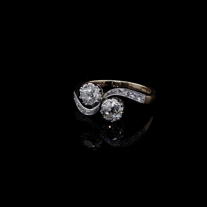 18ct Gold and Platinum Old Cut Diamond Toi et Moi Crossover Ring, 1.02ct