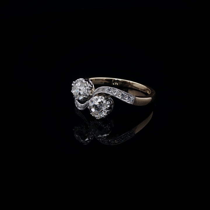 18ct Gold and Platinum Old Cut Diamond Toi et Moi Crossover Ring, 1.02ct