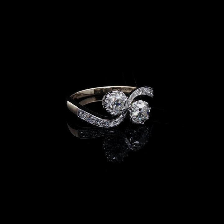 18ct Gold and Platinum Old Cut Diamond Toi et Moi Crossover Ring, 1.02ct