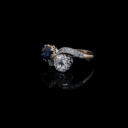 18ct Gold and Platinum 1.32ct Sapphire and 1.16ct Old Cut Diamond Toi et Moi Crossover Ring