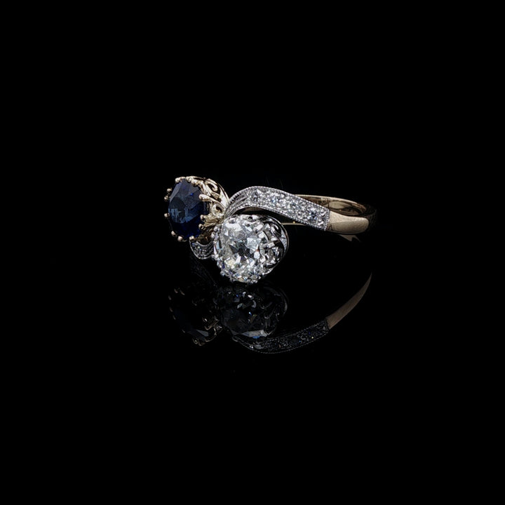 18ct Gold and Platinum 1.32ct Sapphire and 1.16ct Old Cut Diamond Toi et Moi Crossover Ring
