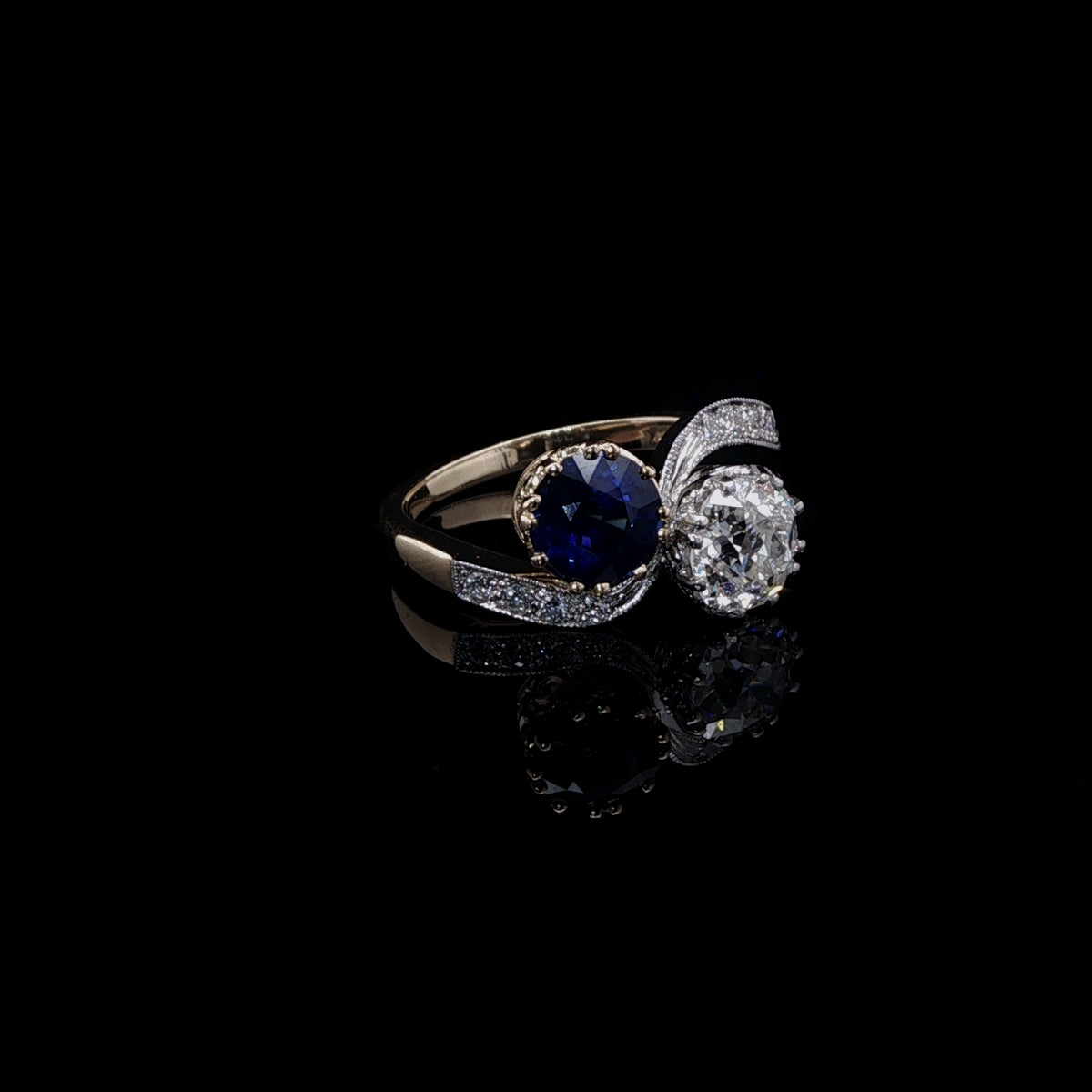 18ct Gold and Platinum 1.32ct Sapphire and 1.16ct Old Cut Diamond Toi et Moi Crossover Ring