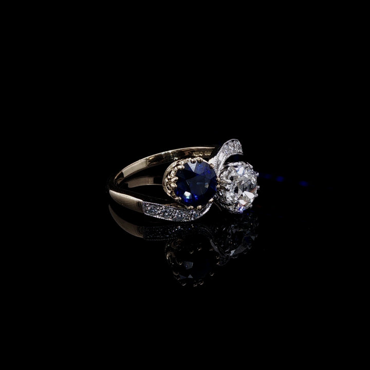 18ct Gold and Platinum 1.32ct Sapphire and 1.16ct Old Cut Diamond Toi et Moi Crossover Ring