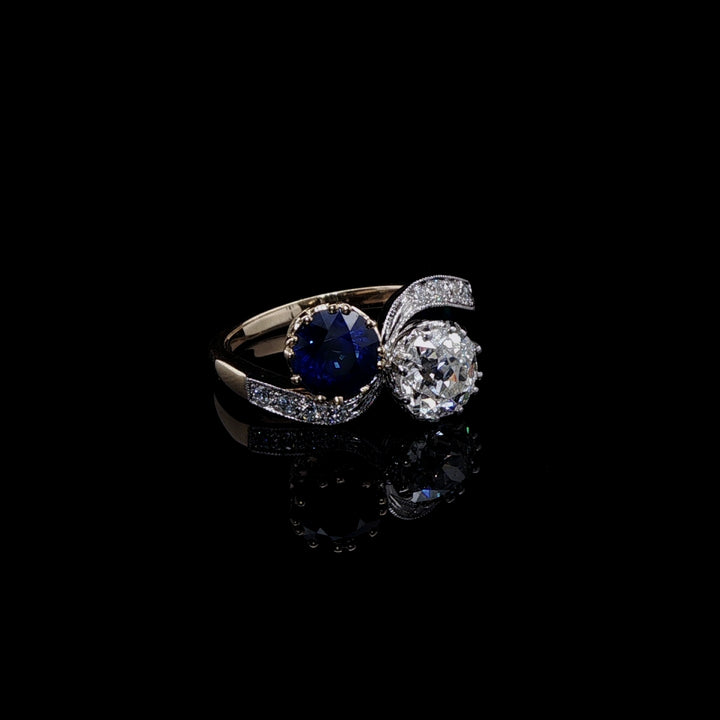 18ct Gold and Platinum 1.32ct Sapphire and 1.16ct Old Cut Diamond Toi et Moi Crossover Ring