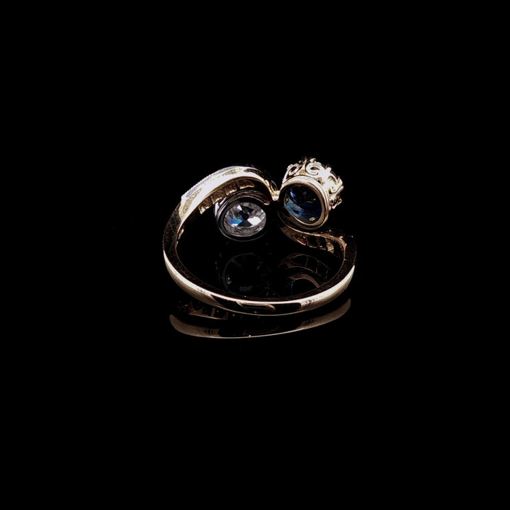 18ct Gold and Platinum 1.32ct Sapphire and 1.16ct Old Cut Diamond Toi et Moi Crossover Ring