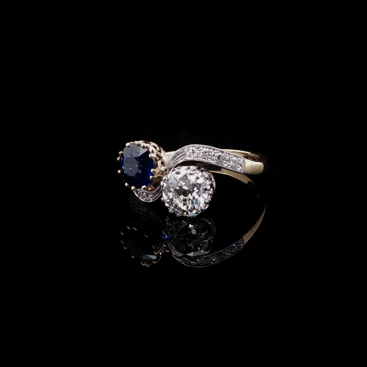18ct Gold and Platinum 1.32ct Sapphire and 1.16ct Old Cut Diamond Toi et Moi Crossover Ring