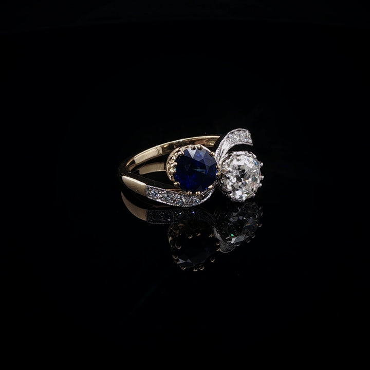 18ct Gold and Platinum 1.32ct Sapphire and 1.16ct Old Cut Diamond Toi et Moi Crossover Ring