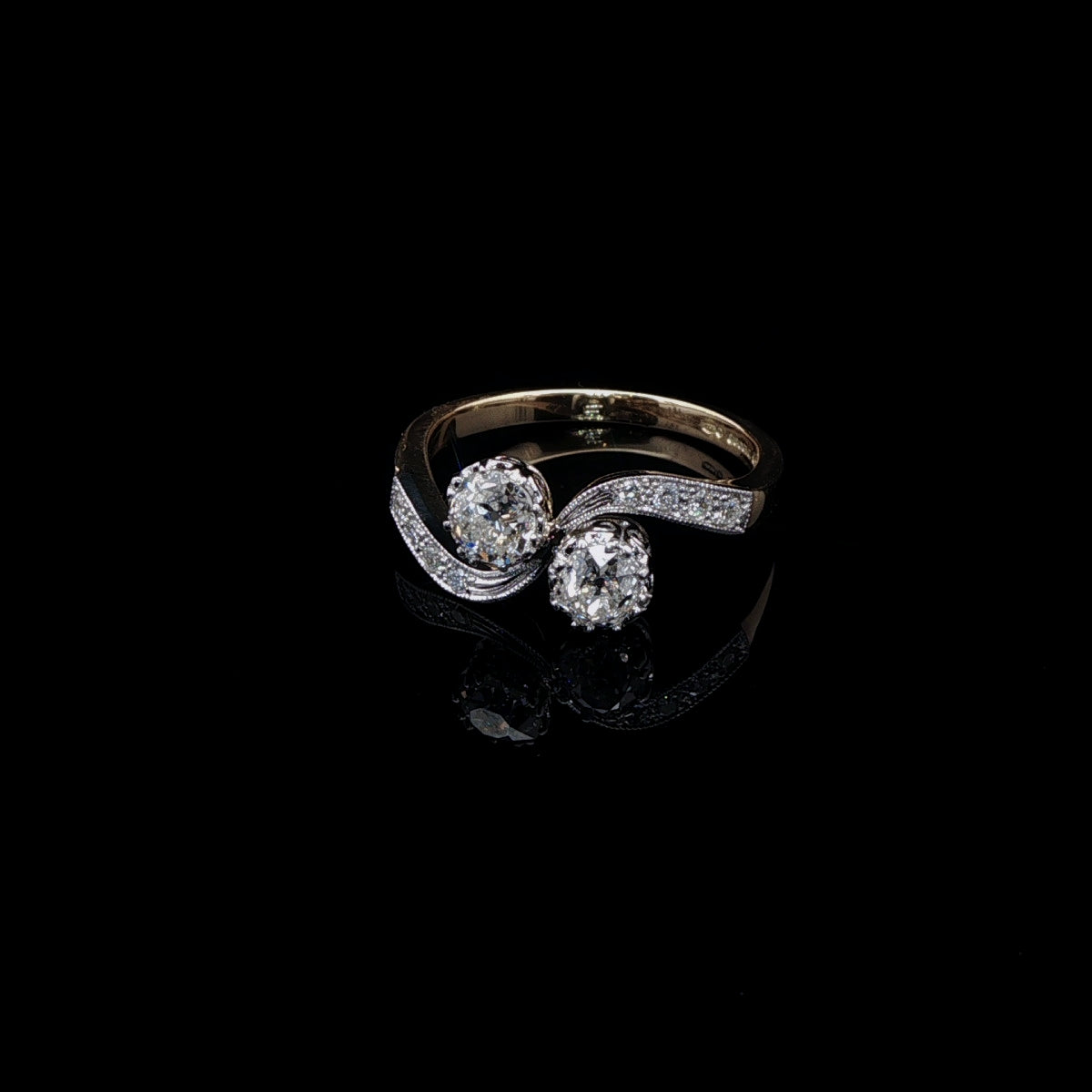 18ct Yellow Gold and Platinum Old Cut Diamond Toi et Moi Crossover Ring, 0.84ct