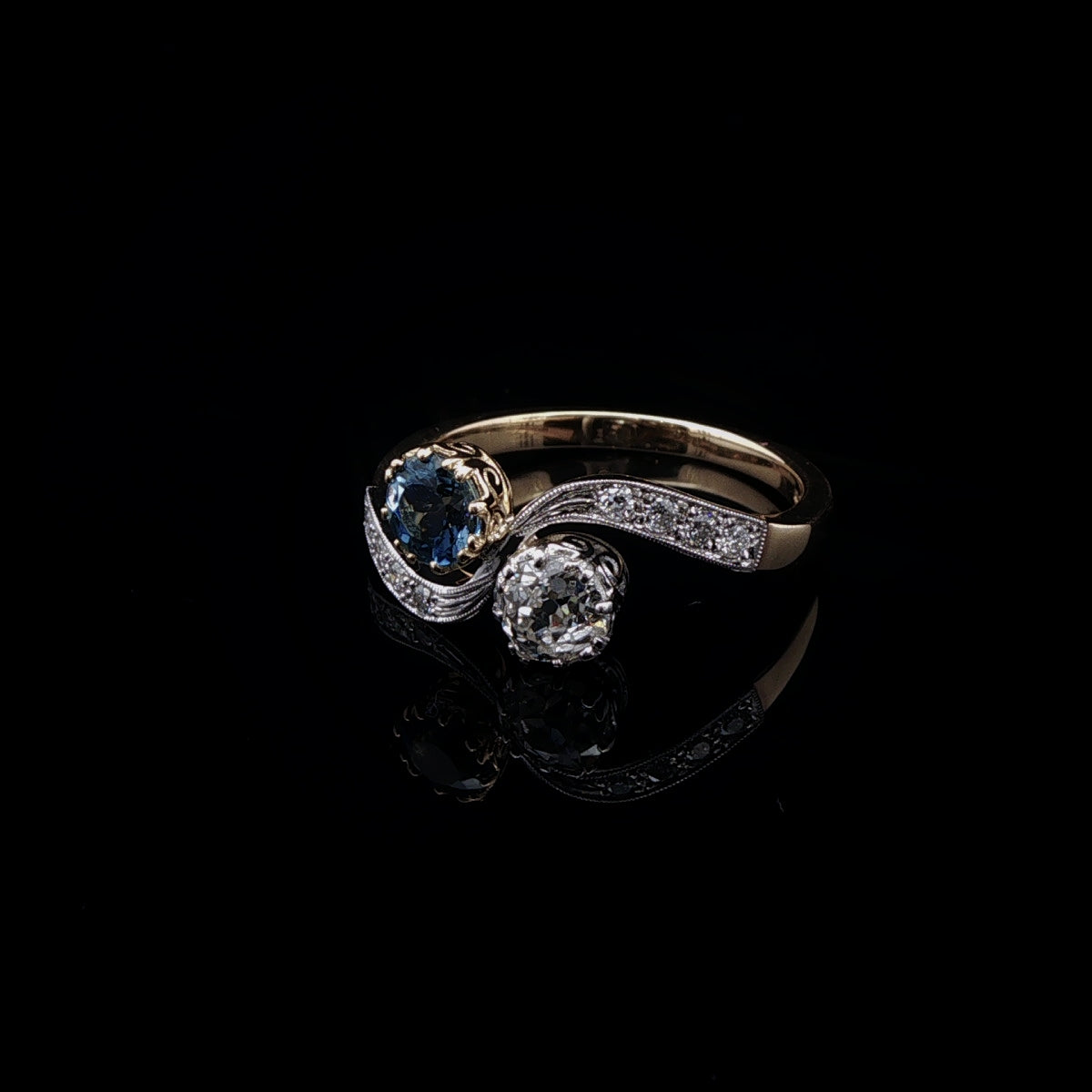 18ct Yellow Gold and Platinum 1.32ct Aquamarine and 1.16ct Old Cut Diamond Toi et Moi Crossover Ring
