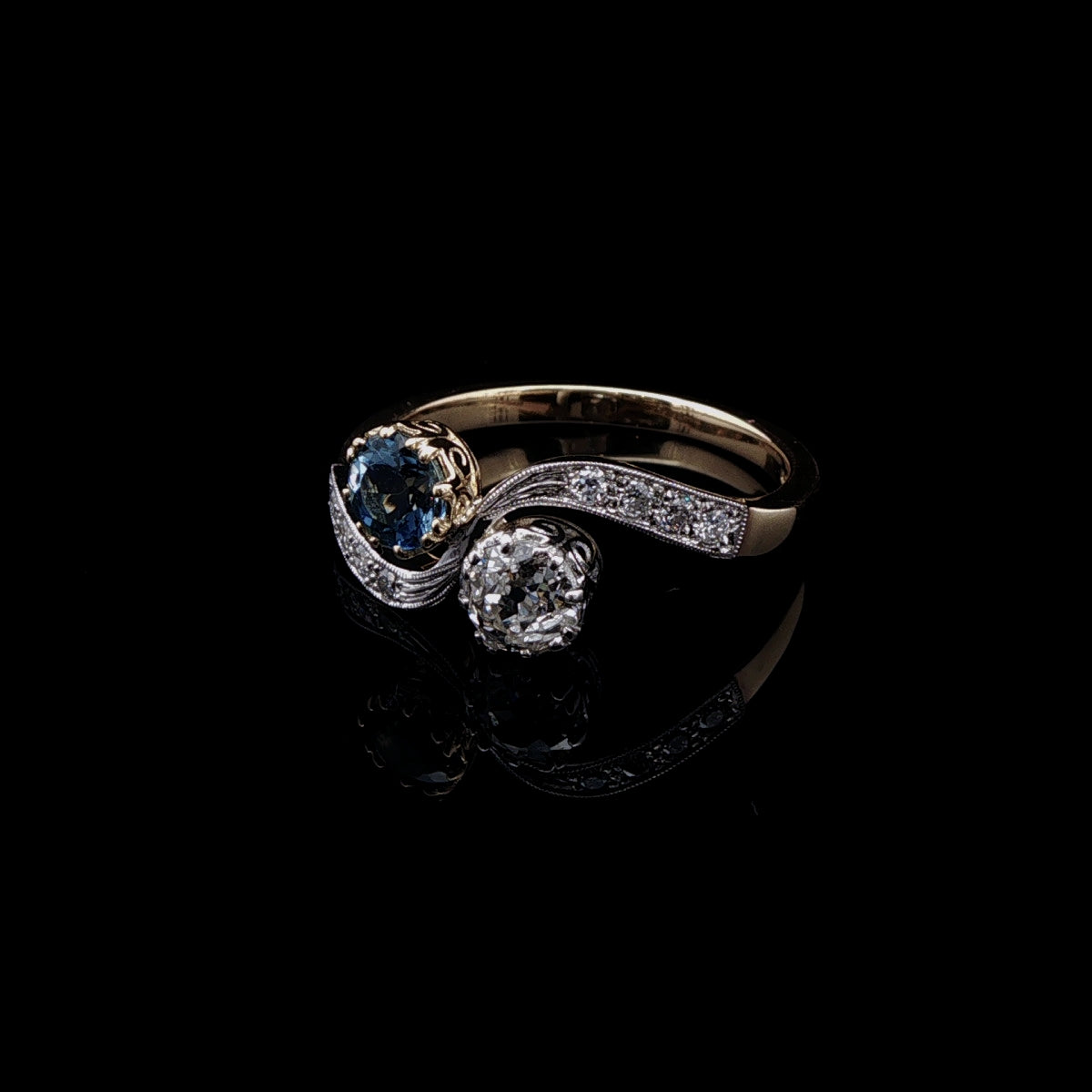 18ct Yellow Gold and Platinum 1.32ct Aquamarine and 1.16ct Old Cut Diamond Toi et Moi Crossover Ring