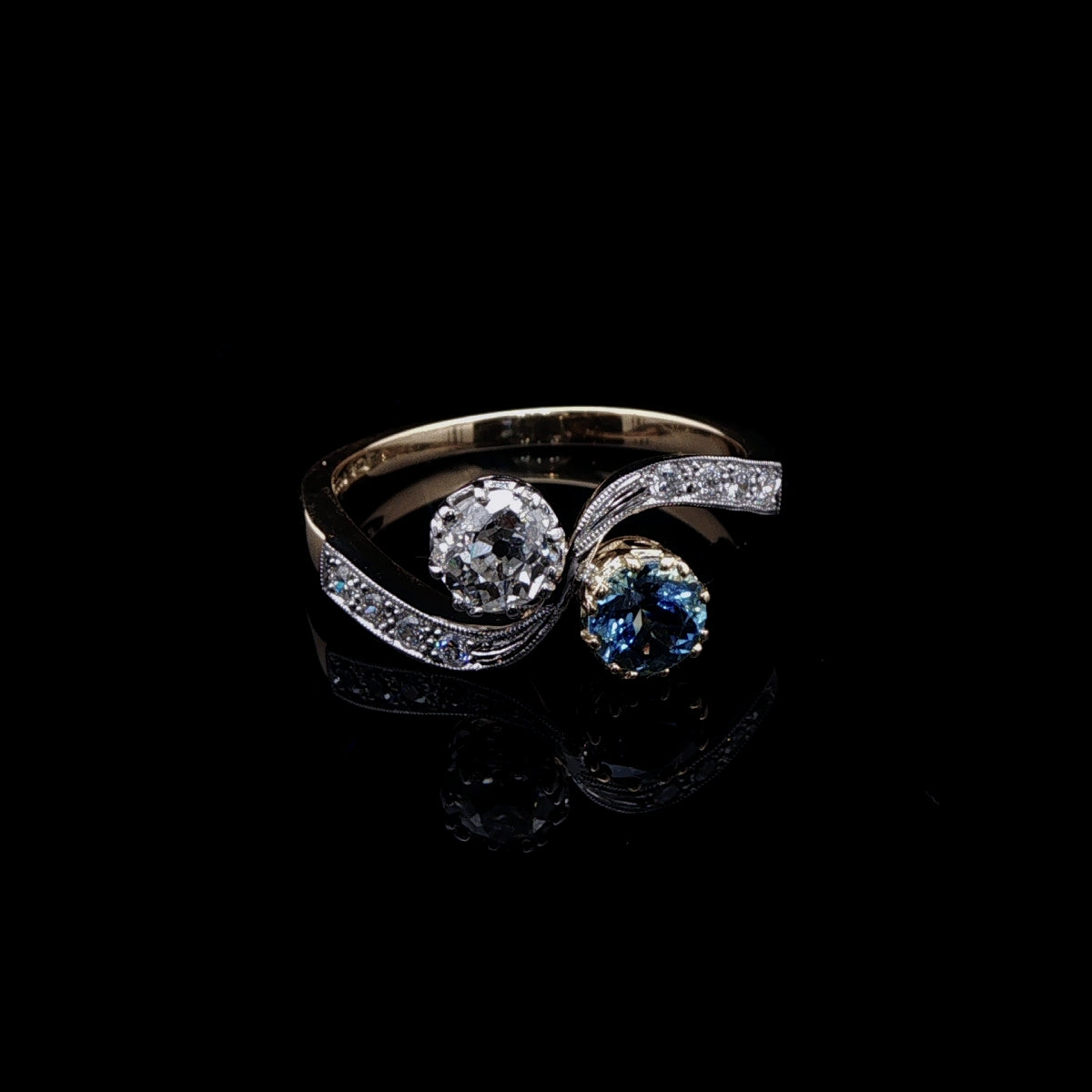 18ct Yellow Gold and Platinum 1.32ct Aquamarine and 1.16ct Old Cut Diamond Toi et Moi Crossover Ring